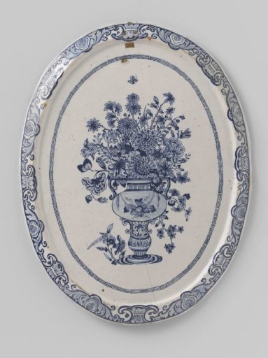 Plate, Oval, Painted in Blue with a Flower Vase