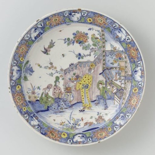 Polychrome painted dish with four Chinese figures