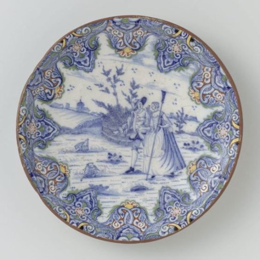 Dish, the flat surface painted in blue with a shepherd scene