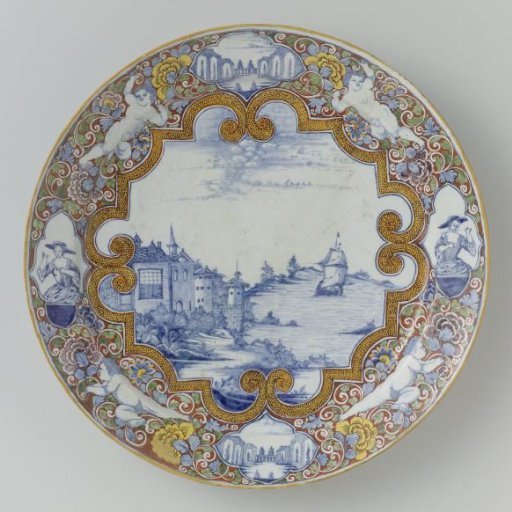 Dish, on the flat a sailing ship within a Louis XV border