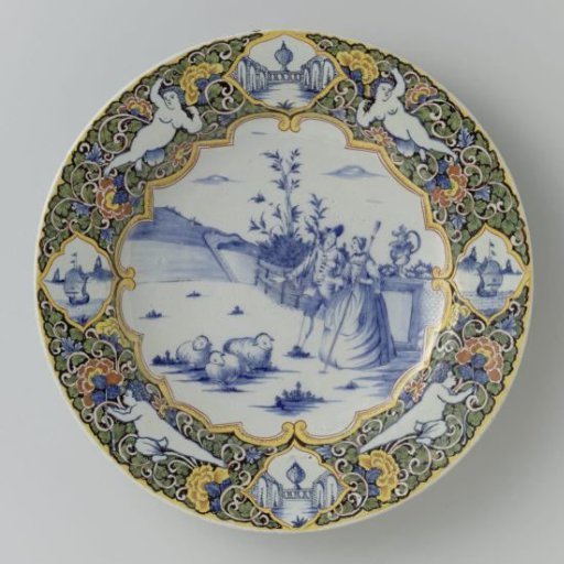 Plate with a shepherd scene in blue on the flat, within a Louis XIV border. Multicolored border decoration on a black ground with putti and four medallions