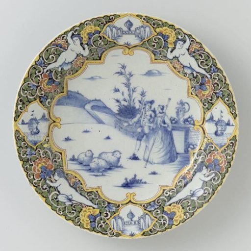 Dish with a shepherd scene in blue on the flat, Louis XIV border. Polychrome border decoration on black ground with putti and four medallions