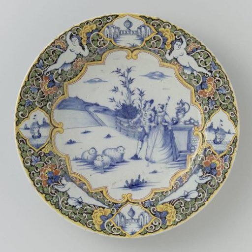 Dish with a Shepherd Scene in Blue on the Flat, Within a Louis XIV Border