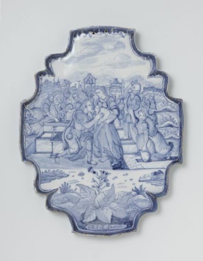 Plate with a representation of Eliezer and Rebecca, Genesis 24