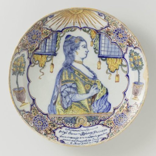 Dish, painted with portrait of Anna of Hanover, wife of stadtholder William IV