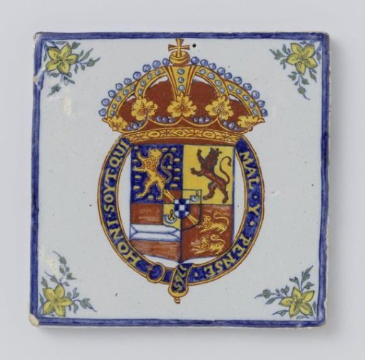 Tile, painted with the coat of arms of Prince William IV and the year 1765
