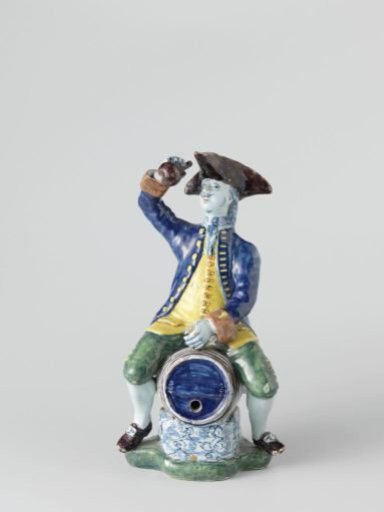Man with a Tricorn Hat and Bottle in Hand, Standing on a Cask