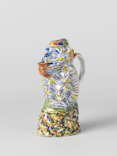 Milk jug in the form of a monkey, of multicoloured painted faience