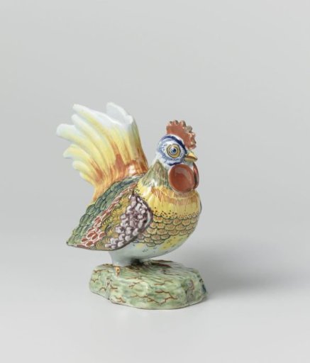 Vase in the shape of a rooster of polychrome painted faience