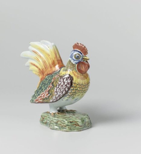Vase in the shape of a rooster of polychrome painted faience