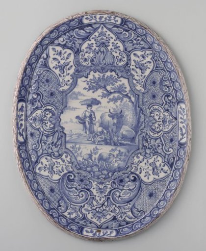 Print with purple marbled border and painted in blue with a rural scene