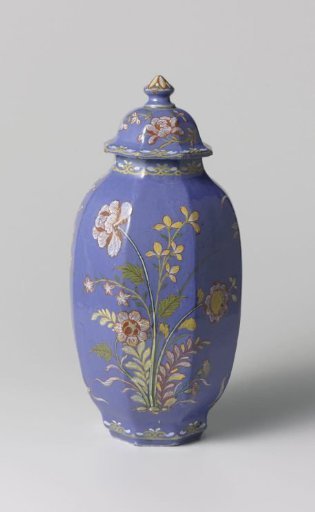 Covered pot of multicoloured painted faience