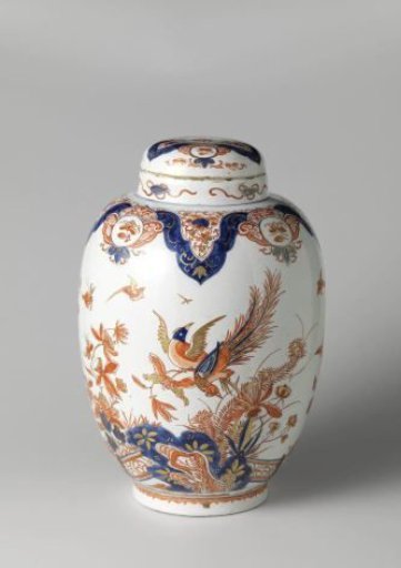 Pot with lid of multicoloured painted faience