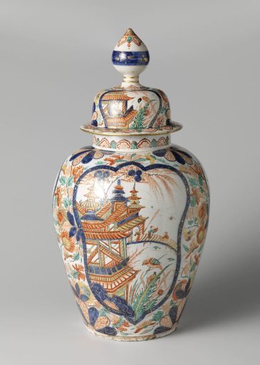 Lidded jar of polychrome-painted faience