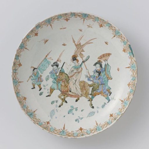 Dish painted with Oriental figures, including a princess on horseback
