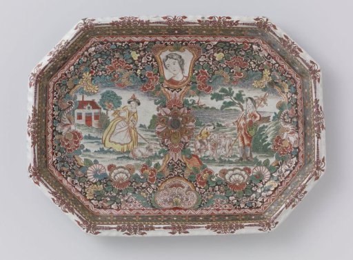 Octagonal plate of multicolour painted faience