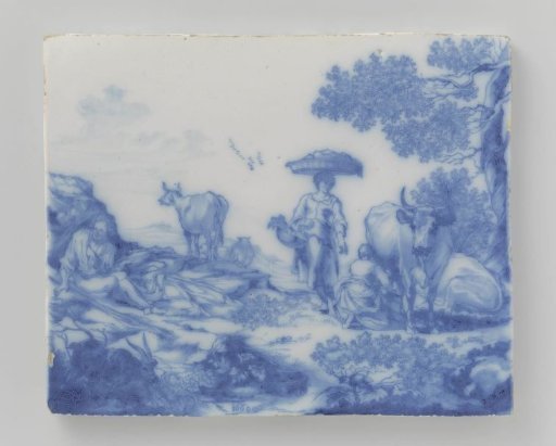 Plate, painted with a hilly landscape with cows