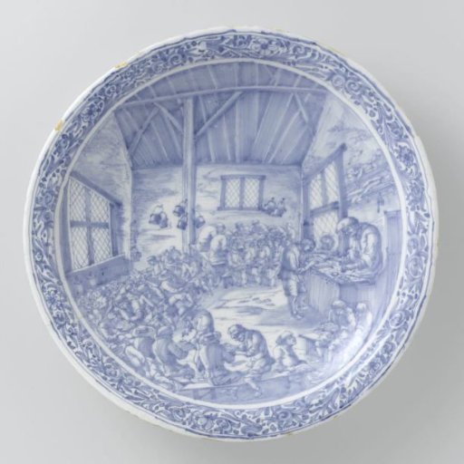Dish, painted with a representation of a village school