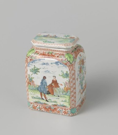 Multicoloured painted tea caddy with lid of faience