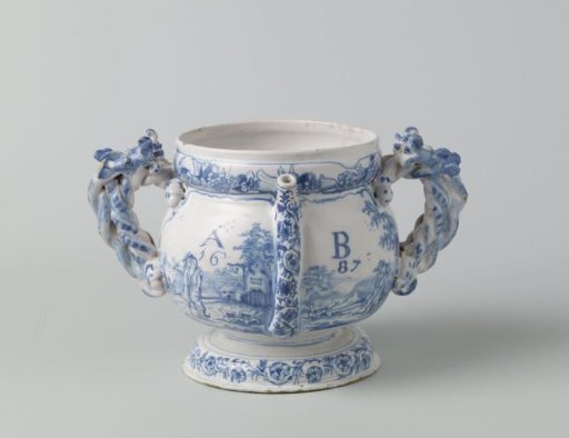 Pitcher with braided handles painted with a landscape and amorous couples