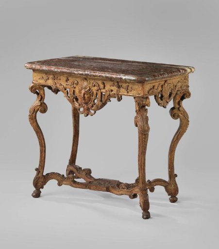 Wall table of gilded oak with red-veined marble top