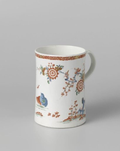 Tankard with handle, painted with quails, insects and a cloud band with rosettes