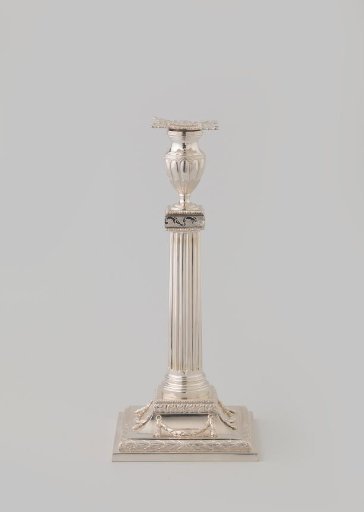 Candelabrum on a square base with fluted stem and vase-shaped candle holder