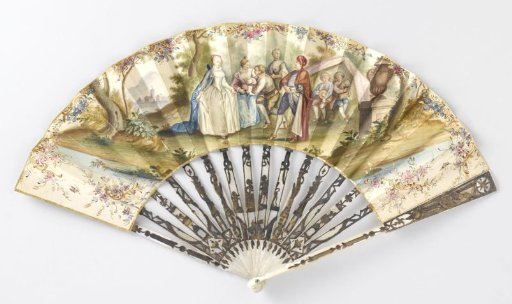 Folding fan with a leaf depicting, in watercolour, an outdoor party with a dancing couple and bagpipers, on a mother-of-pearl mount with 'métal en quatre couleurs'