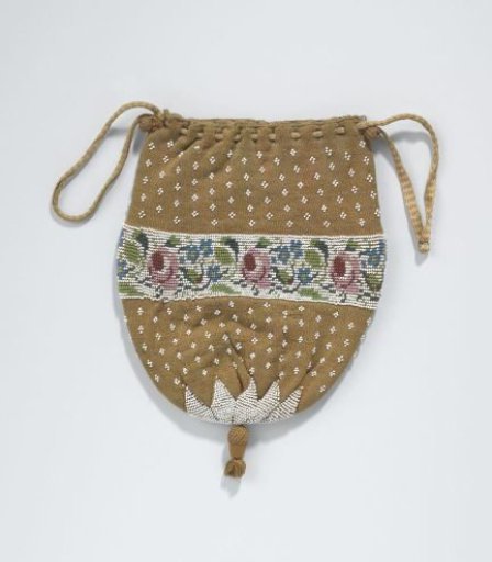 Reticule of knitted faded red linen with beads knitted in and a border of roses and forget-me-nots