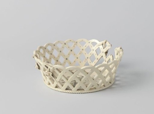 Round fruit basket of hard-baked earthenware, Wedgwood Queens ware with brown transfer (Liverpool).