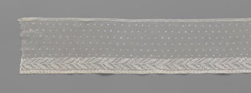 Strip of bobbin lace with straight band of double V-shaped branches