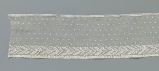 Strip of bobbin lace with straight band of double V-shaped branches