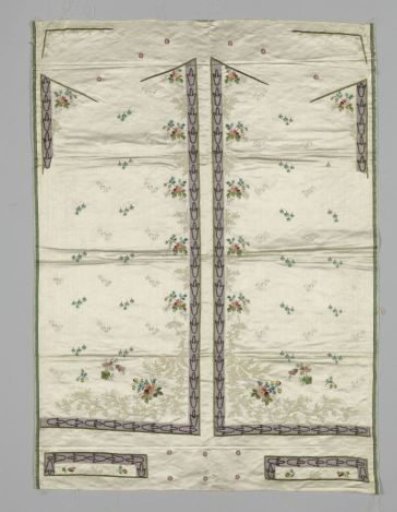 Vest, Uncut, of Cream-Colored Satin Embroidered with a Floral Fantasy Pattern in Multicolored Silk and Chenille, Trimmed with a Border of Purple Crêpe Between Chenille and Silk Embroidery