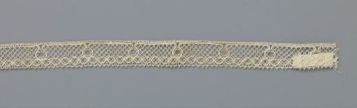 Strip of bobbin lace with ovals formed by contour thread