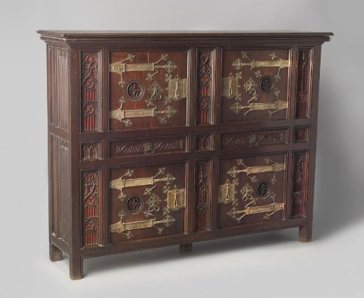 Cabinet, four doors with two drawers between the upper and lower doors. Decorated with silk and openwork