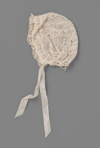 Children's Cap of White Netting, Decorated with White Work, Embellishments, and a Strip of Lace