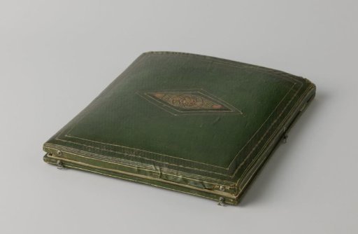 Square case covered with green leather
