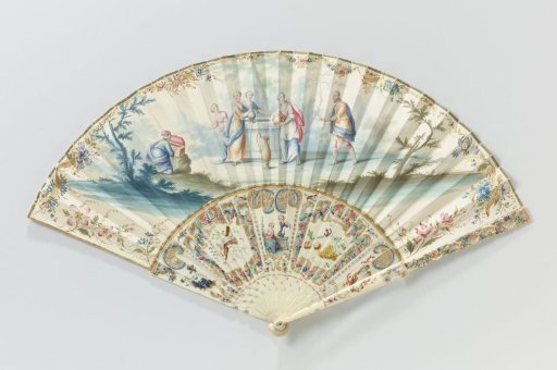 Folding fan with leaf on which in watercolour Eliézer, Rebecca at the well, on a mount of carved and painted ivory with mother-of-pearl