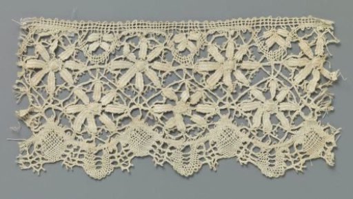 Strip of bobbin lace with double row of flowers with eight petals