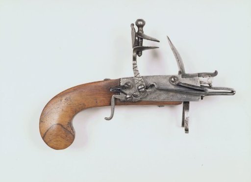 Pistol-shaped tin box with flintlock mechanism