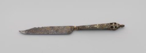 Knife with enamel-decorated handle and engravings on the blade