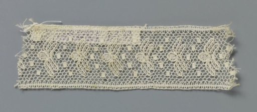 Strip of bobbin lace with stylised insects and snails in a corner