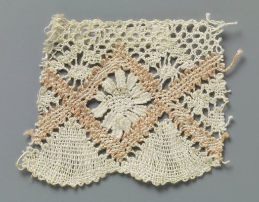 Strip of bobbin lace with salmon-pink checks