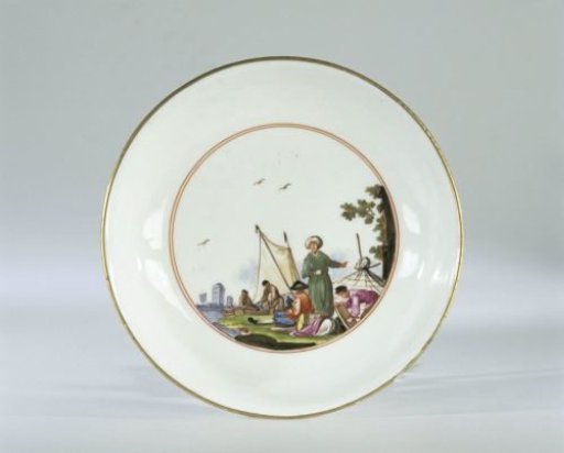 Dish, polychrome painted with a water landscape with merchants