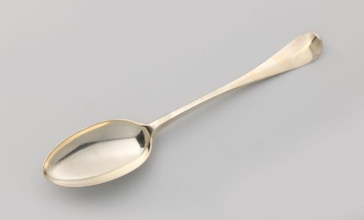 Spoon with oval bowl and curved handle with rounded end