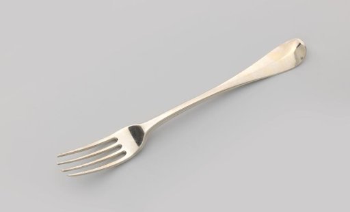 Fork with four tines and a curved handle with rounded end
