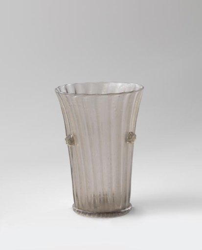Cup with vertical, optically blown ribs and three knobs