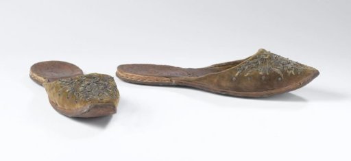 Ladies' slipper of crimson velvet, decorated with silver thread and sequins