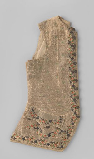 Waistcoat of cream silk with silver thread, with embroidered straw motif and embroidered multicoloured flowers and leafy vines with sequins; eleven metal buttons and three under each flap