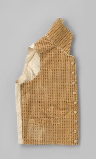 Short sleeveless waistcoat with high standing collar, nine fabric buttons and two slash pockets, of striped yellow silk velvet with red-green floral scatter motif; linen back and lining.